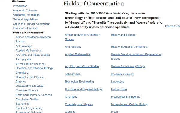A screenshot from the Fields of Concentration website displaying a list of possible concentrations