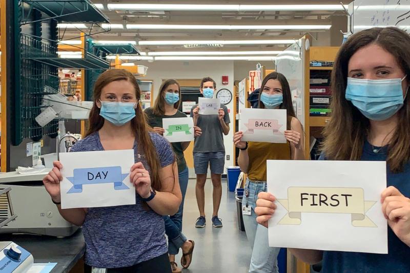 Harvard researchers take selfies on their first day back in the lab since the COVID-19 shutdown. The Manning Lab marks the occasion with coordinated signs.