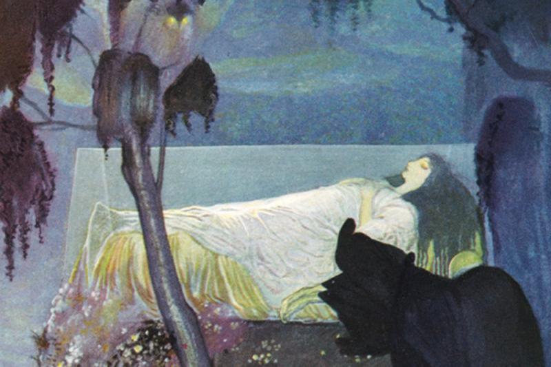 A 1923 illustration of Snow White resting in a glass coffin by Gustaf Tenggren, a Swedish American illustrator who worked as an animator for The Walt Disney Co. in the 1930s.