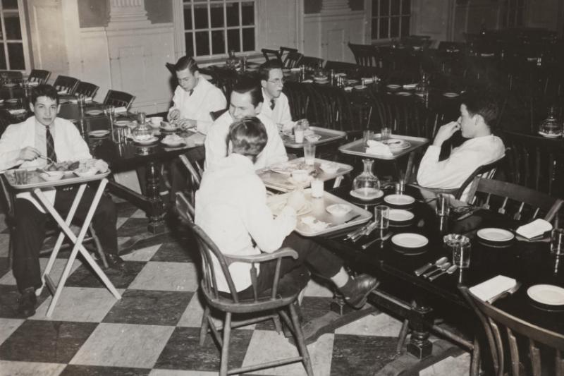 In this 1943 photo, student waiters are shown in the Lowell House dining room.