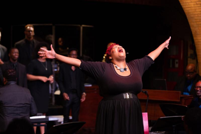 De-Rance Blaylock, a former teacher of Michael Brown, leads the “Antigone in Ferguson” choir.