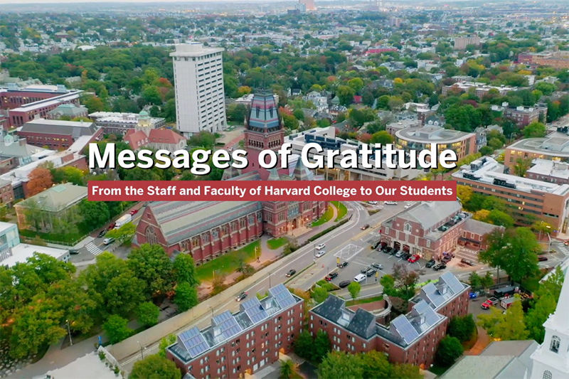 A video highlighting faculty and staff, who thank current Harvard students for their efforts to keep the Harvard community safe.
