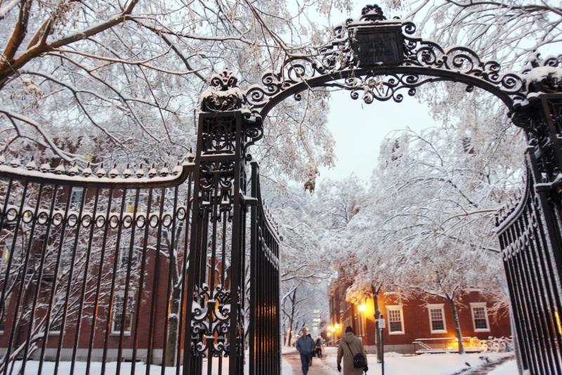 Harvard yard gate in the snow
