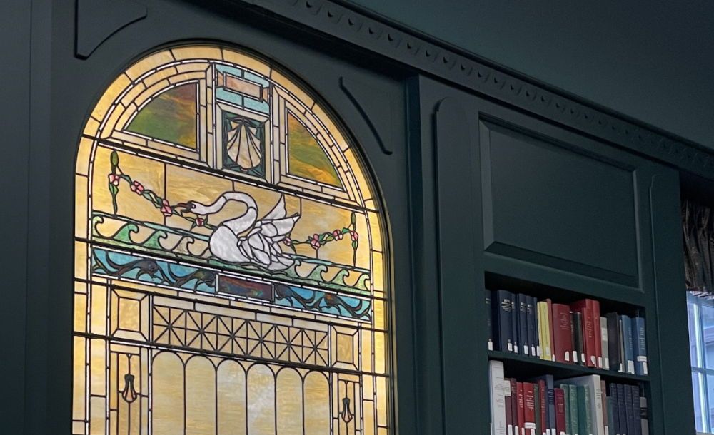 Stained glass and books in Loeb Music Library