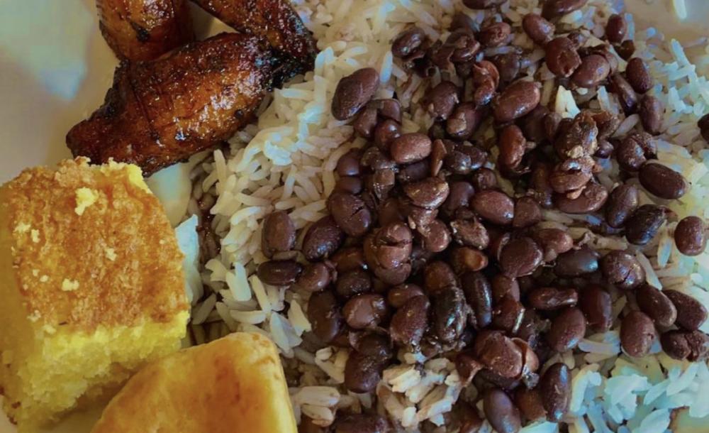 Rice and Beans, plantains, corn bread, and Brazilian cheese bread from Oliveira's Steakhouse.