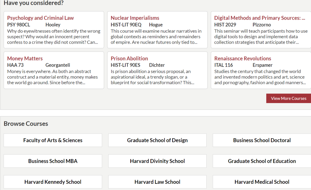 A screenshot of Harvard's course search menu