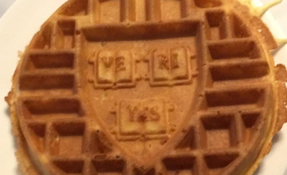 A waffle sits on a plate with the Harvard "veritas" crest imprinted in the center.