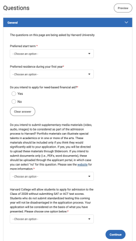 Screenshot of Common App - Harvard Questions