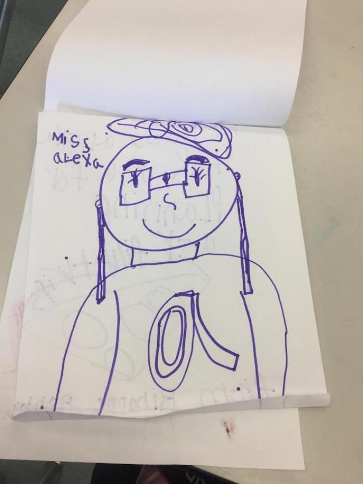 a portrait drawing of the author with the title "Miss Alexa"