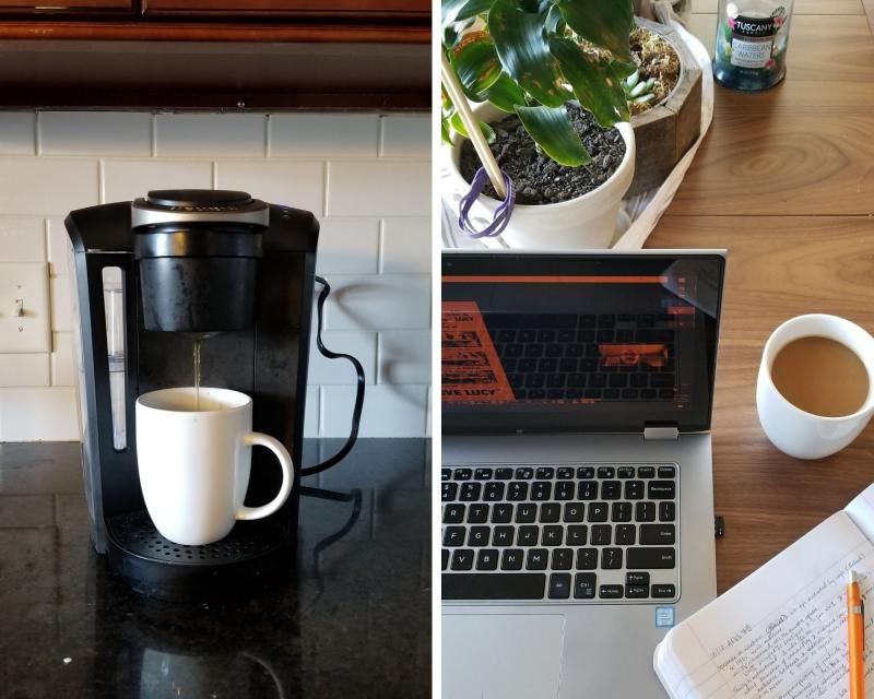 Two images that capture my morning: a cup of coffee and my desk space.