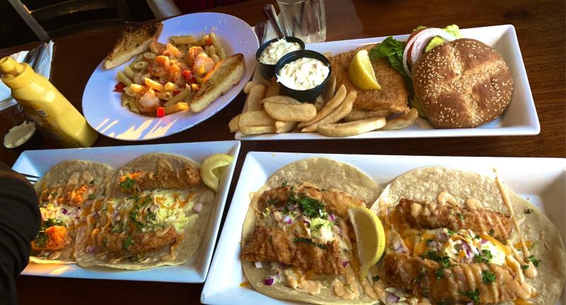 Fish tacos, fish & chips, and shrimp scampi from Tides