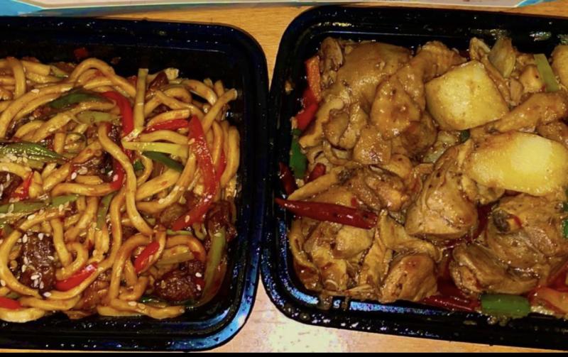 Dry fried noodles and big plate of chicken from Silk Uyghur Cuisine
