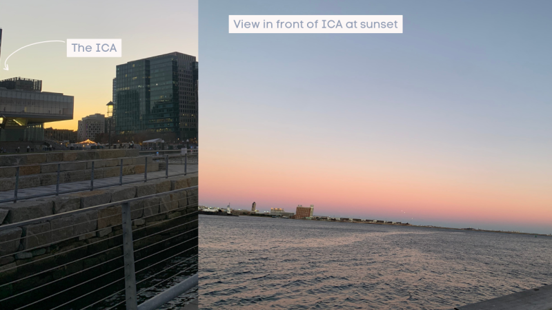 A picture of the outside of the Institute of Contemporary Art and an image of the sunset