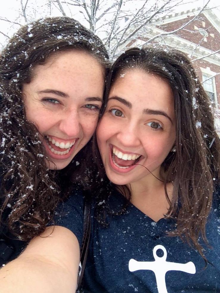 Author taking selfie in snow with friend