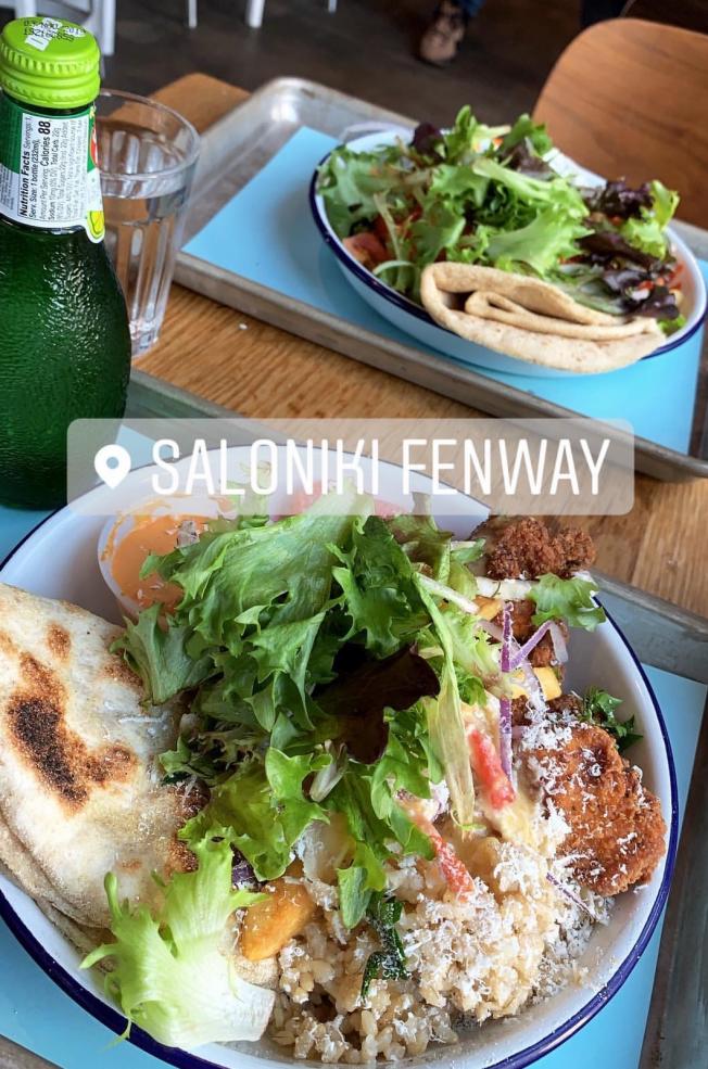 food from Saloniki restaurant at Fenway with text that reads: 'Saloniki Fenway'