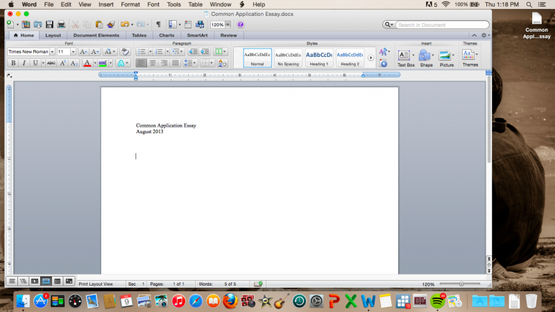 Screenshot of blank Microsoft Word document with the title "Common Application Essay, August 2013"