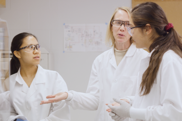 A professor teaching two students in the lab