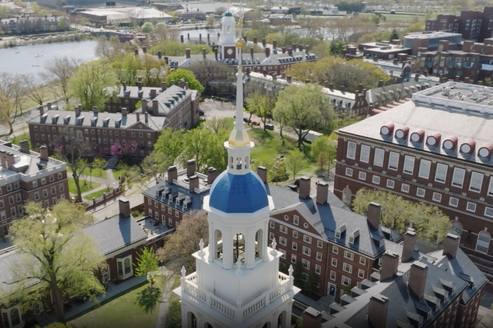 Aerial view of Lowell Bell Tower and Harvard campus