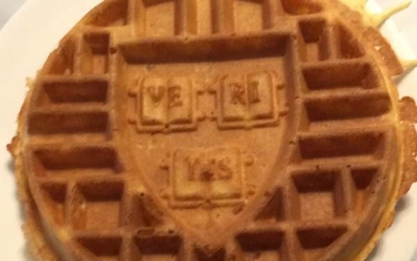 A waffle sits on a plate with the Harvard "veritas" crest imprinted in the center.