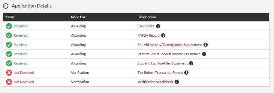 sample list of items on my.harvard showing status column (received/not received) and need for column (awarding/verification) along with description column listing the item (eg Verification Worksheet or Tax Return Transcript)