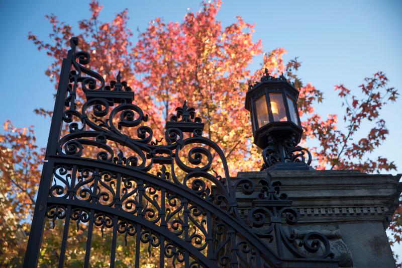 Close up of gates of Harvard Yard with fall foliage behind them