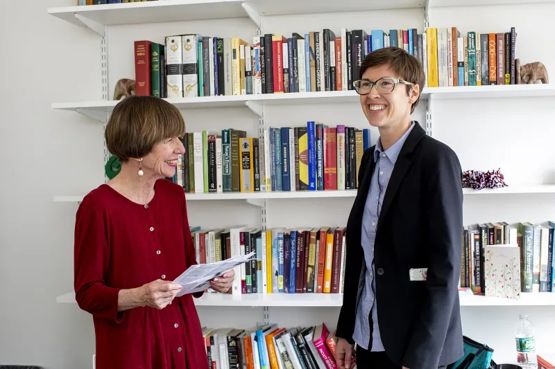 Kathleen Coleman (left) and Eleanor Finnegan discuss the new General Education course on the experience of loss.