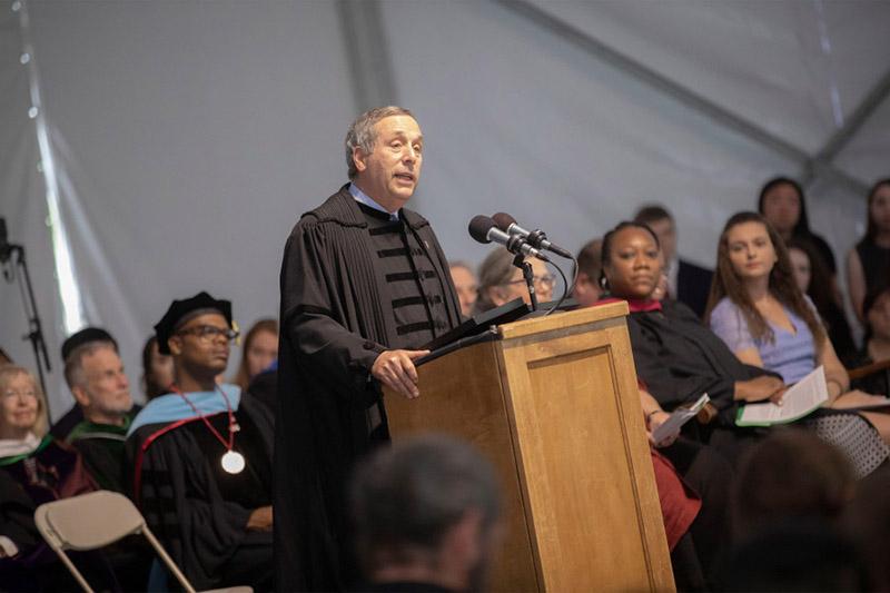Presidents Bacow speaking to the first-year students at Convocation