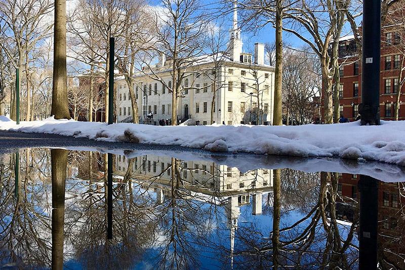 University hall in the Winter. Snow on the ground