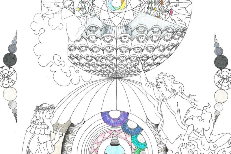 A hand-drawn cosmographical map of Dante Alighieri’s “Divine Comedy,” created by Madeleine Klebanoff-O’Brien ’22 through her summer fellowship at Houghton Library.