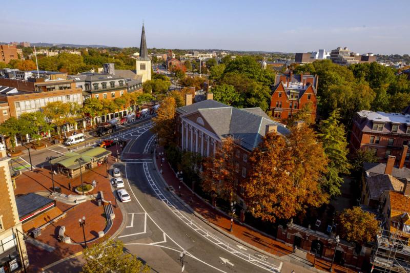 An overview from the Smith Campus Center in Harvard Square shows autumn colors turning across campus.