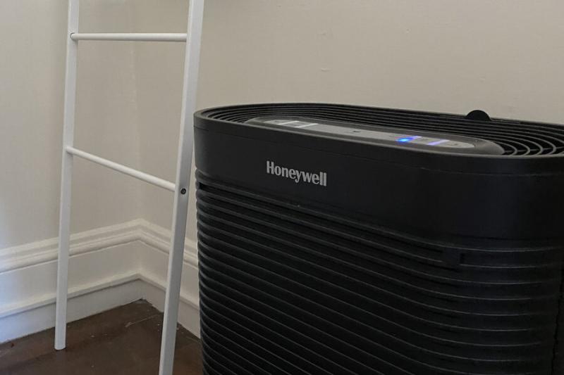 This Honeywell HEPA filter is in Charlotte Moses' Cabot House (Whitman Hall) dorm room. “I keep it on the ‘germ’ or ‘turbo’ setting all day and all night,” she said.