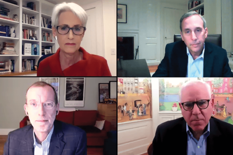 (Clockwise from top left): Wendy Sherman, Larry Bacow, David Rubenstein, and Doug Elmendorf in conversation about the role of leadership.