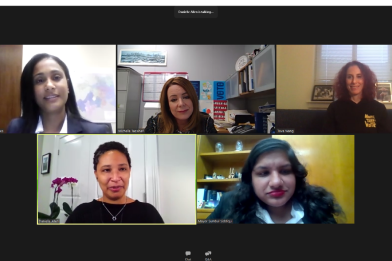 Eneida Tavares (clockwise from upper right), Michelle Tassinari, Tova Wang, Sumbul Siddiqui, and Danielle Allen.