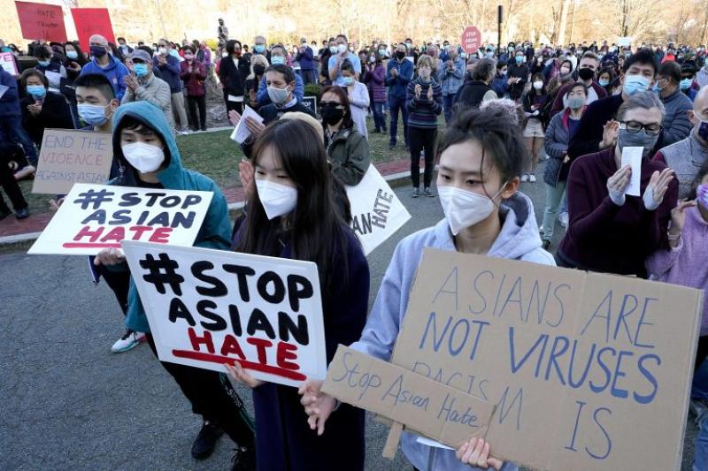 Protesters during a rally held to support Stop Asian Hate in Newton, Mass., on March 21.