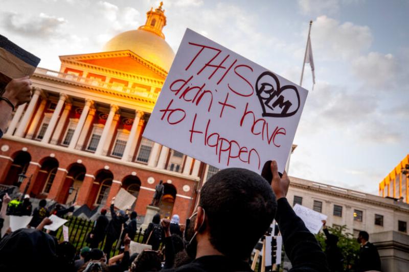 Following the death of George Floyd, protesters gathered in front of the State House in Boston.