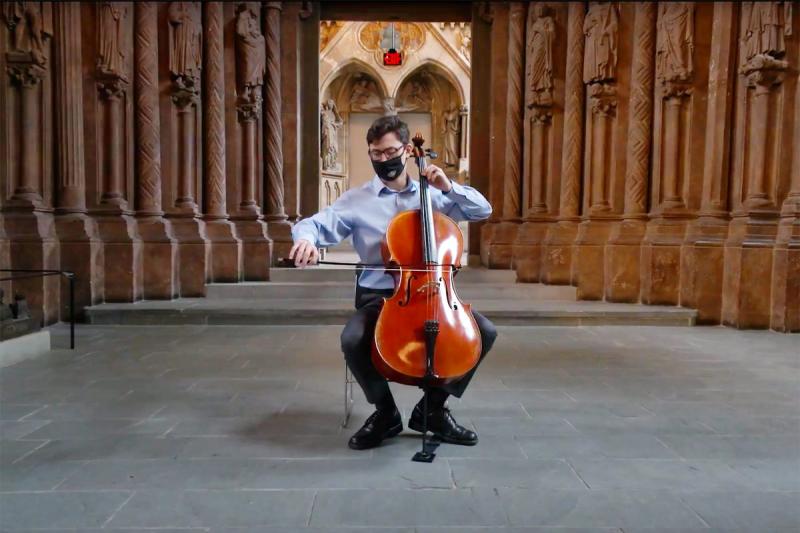 Cellist Camden Archambeau ’23 performs Sonata for Solo Cello by Zoltán Kodály in Adolphus Busch Hall.