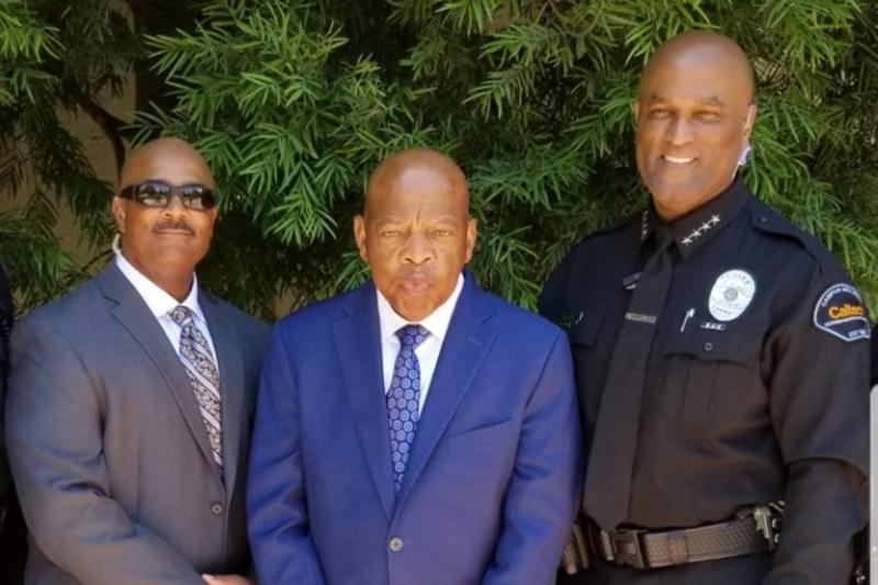 Victor Clay (far right) with Rep. John Lewis and Gregory Powell, Clay’s second-in-command at Caltech. Lewis spoke at Caltech’s 2018 commencement.