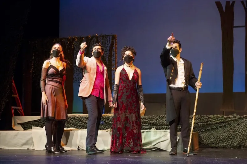 Cecilia Nakfoor '25 (from left), Phiroze Parasnis '22, Daniela Castro '22, and Jovanni Candia '22 enact a scene from "Into the Woods."