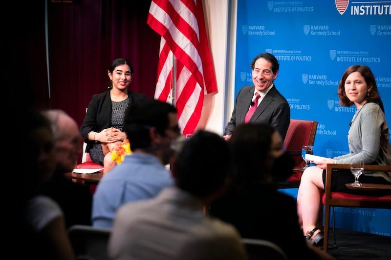 U.S. Rep. Jamie Raskin (center) and moderators Tarina Ahuja (left) and Lauren Perl fielded questions during Wednesday’s event.