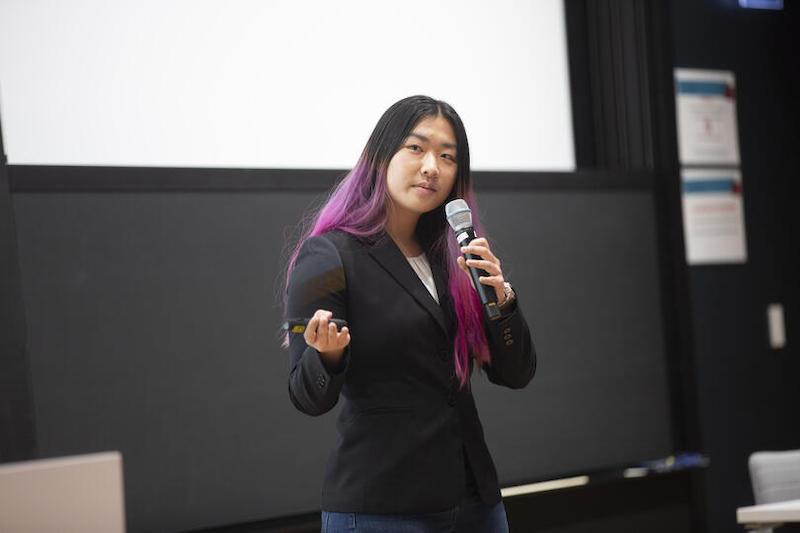 Catherine Yeo addresses the crowd at the SEAS/HBS Technology Showcase at the Science and Engineering Complex in Allston.