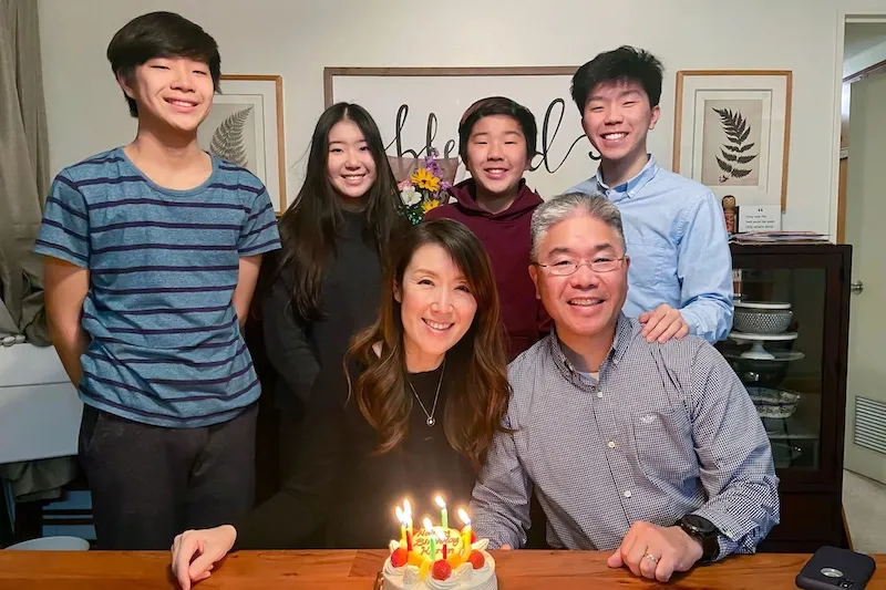 Elijah Suh ’22 (top right) and his family celebrate his mother's 53rd birthday in Misawa, Japan, last year. Clockwise from top left are siblings Jeremiah, Hannah and Joshua, and parents David and Karen.