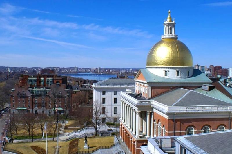 A birds eye view of the Massachusetts Statehouse in Boston.