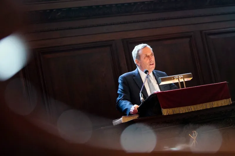 In his annual address at Morning Prayers, President Larry Bacow calls for the Harvard community to argue rigorously with others in defense of Veritas.