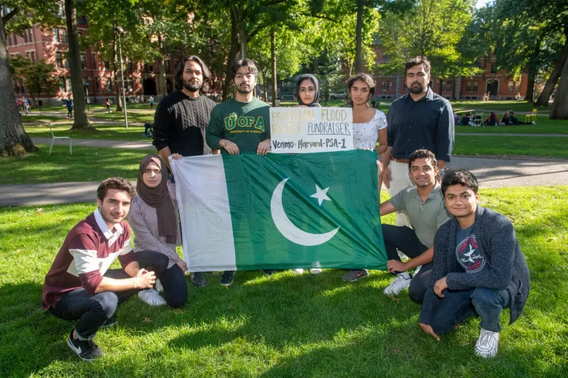 Nosher Ali Khan ’23 (from left), Iqra Noor ’23, Asmer Safi ’24, Hamaad Mehal ’24, Aseelah Ashraf ’24, Harini Kannan ’24, Ibraheem Khan ’23, Saaim Khan ’25, and Usman Omer ’23 are among the students who have raised $32,000 in aid for flood devastated Pakistan.