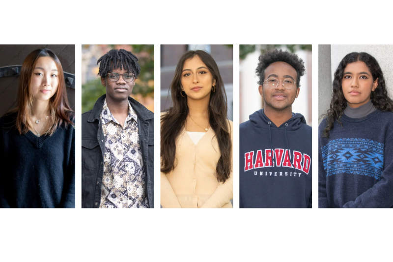 Chelsea Wang (from left), David Lewis, Soleei Guasp, Kylan Tatum, and Muskaan Arshad are among the 100-plus Harvard students headed to the Supreme Court this weekend to rally in support of campus diversity.