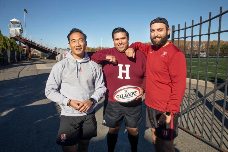 Joining forces on the rugby field are veterans Nick Ige ’25 (from left), who did six combat tours in Afghanistan, Aaron Rosales ’26, who served eight years in the Marine Corps, and Ben Allen ’24, a nuclear mechanic in the Navy.