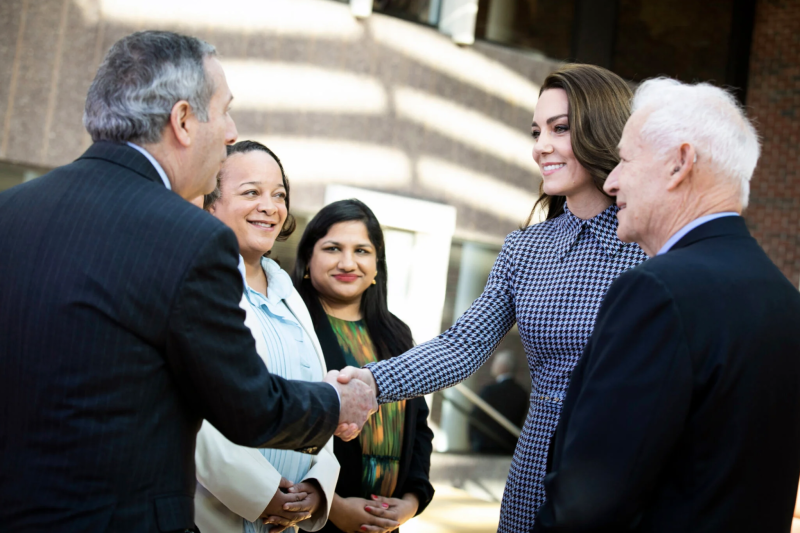 The Princess of Wales shakes hands with Harvard President Larry Bacow (from left), Dean Bridget Long, Cambridge Mayor Sumbul Siddiqui, and Jack Shonkoff, director of the Center for the Developing Child.