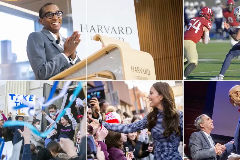 A gridded image with the top left corner displaying Dean Gay; the top right corner displaying football players in the middle of the game; the bottom left displaying students cheering at a game; the bottom middle displaying Kate Middleton saying hi to fans; the bottom right displaying Dean Khurana shaking hands at smiling up at a man. 