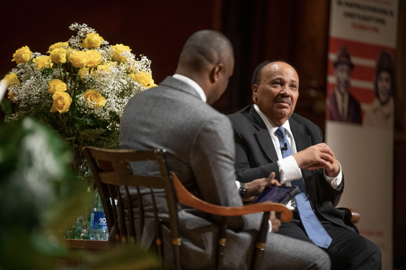 Martin Luther King III (right) spoke with Professor Brandon Terry, addressing the death of Tyre Nichols and calling for more police training and culture change within departments.