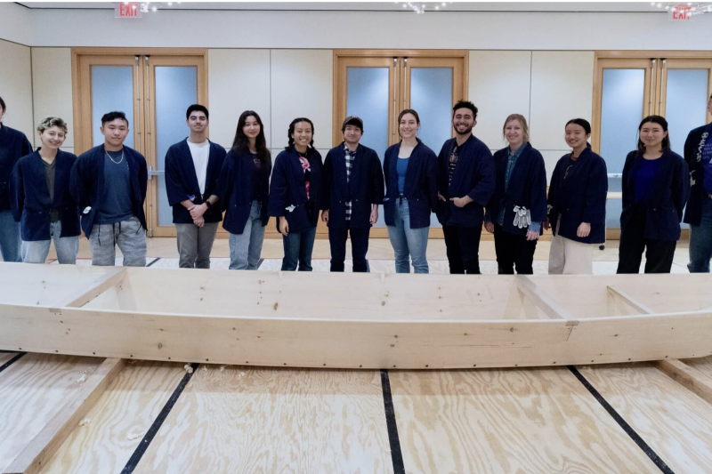 The finished 22-foot long Japanese wooden boat built during a winter session workshop at the Harvard Edwin O. Reischauer Institute of Japanese Studies.